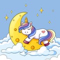 Cute cartoon unicorn sleeping on the moon in clouds
